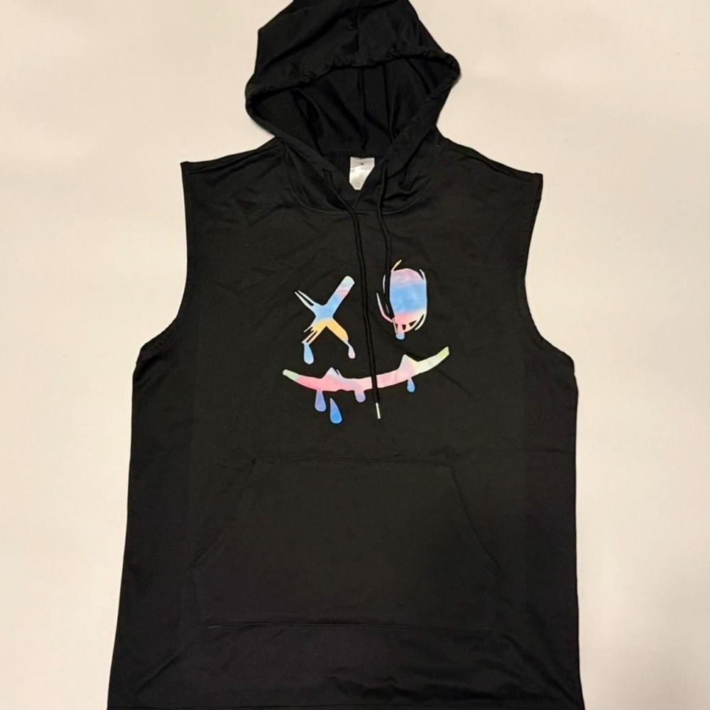 SHEIN Black Sleeveless Hoodie Tank Top with Pastel Drip Face Graphic